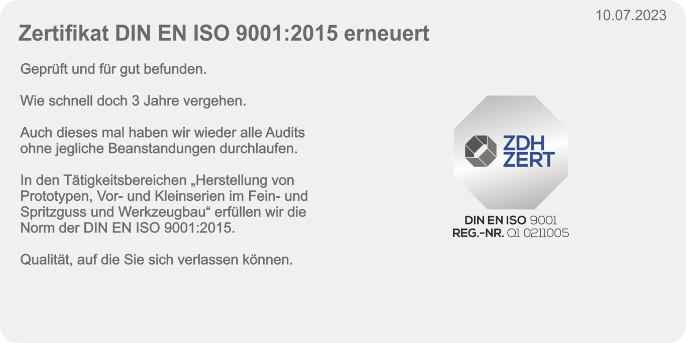 Zertifikat DIN EN ISO 9001:2015 Zertifikat über die ISO 9001:2015 für Qualitätsmanagementsysteme.
